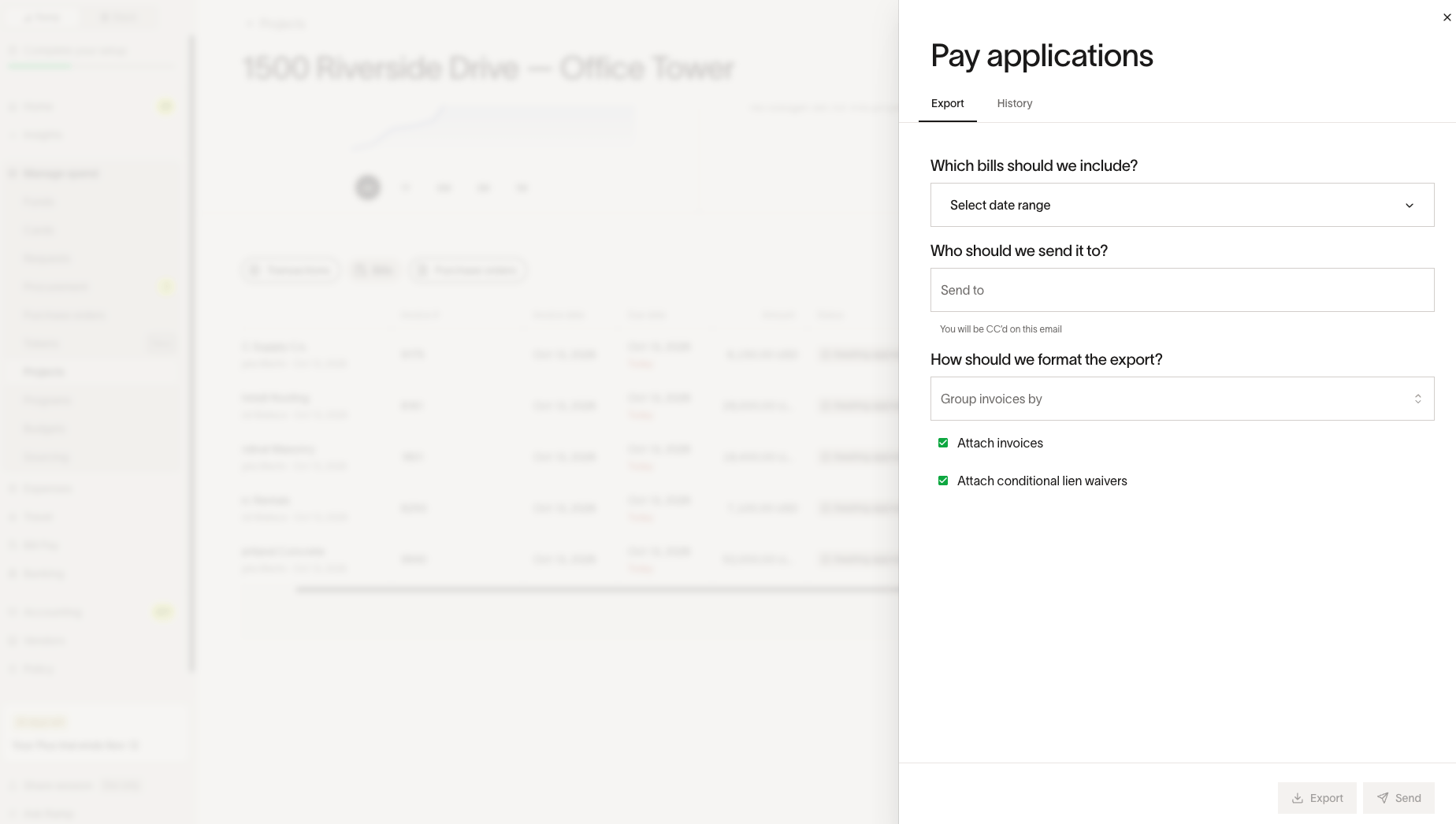 Pay applications drawer open on a project page, showing the Export tab with date range, recipient, grouping, and attachment options