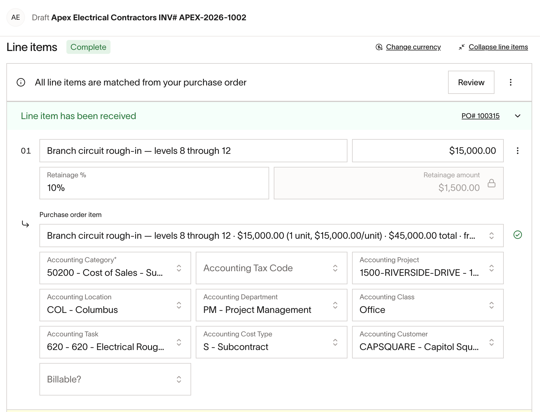 Retainage applied to an individual bill line item