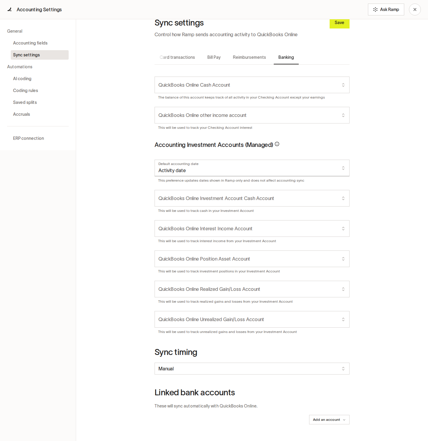 Banking sync settings showing managed investment account mappings in QuickBooks Online