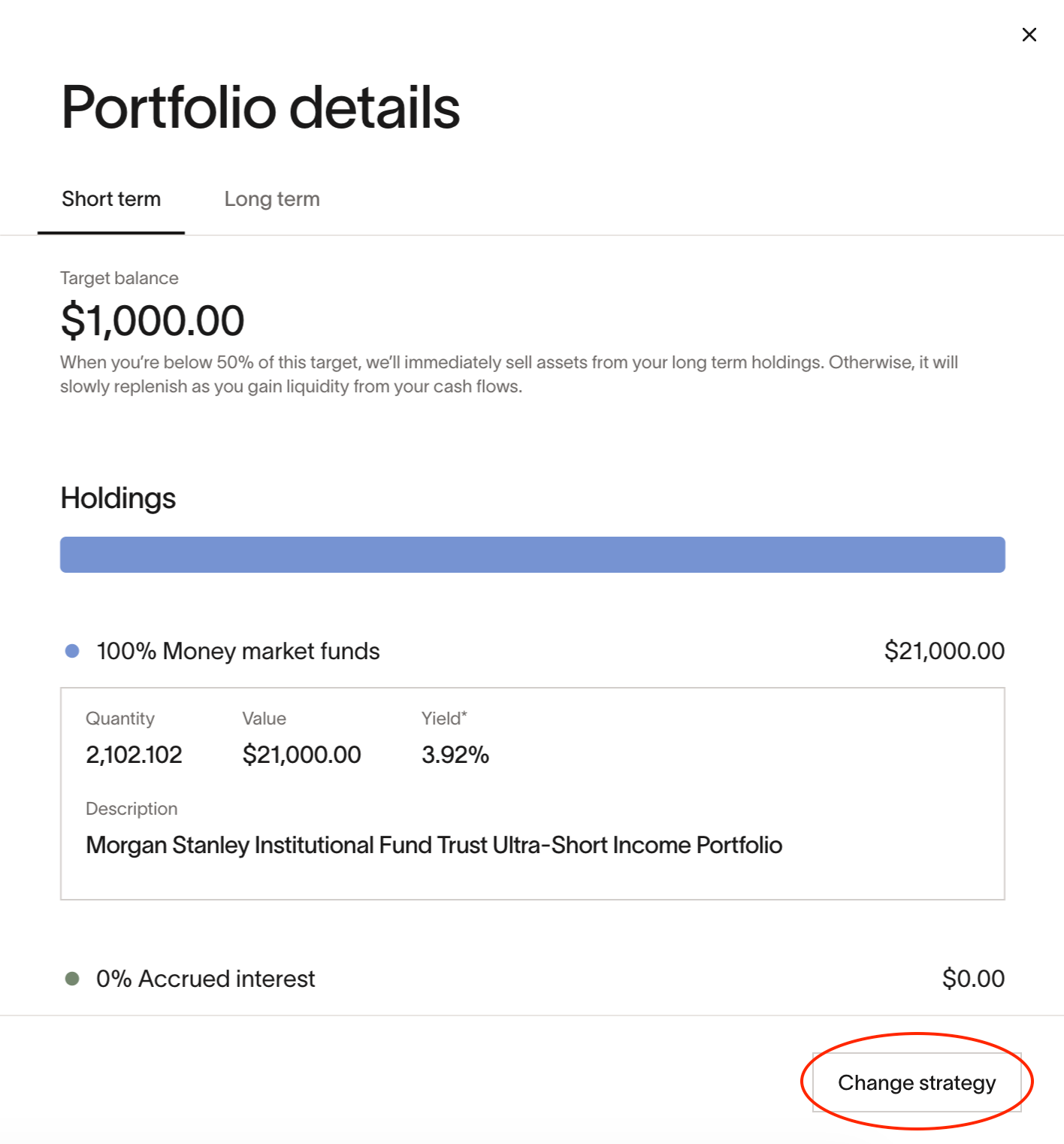 Portfolio details drawer showing short-term holdings and Change strategy button