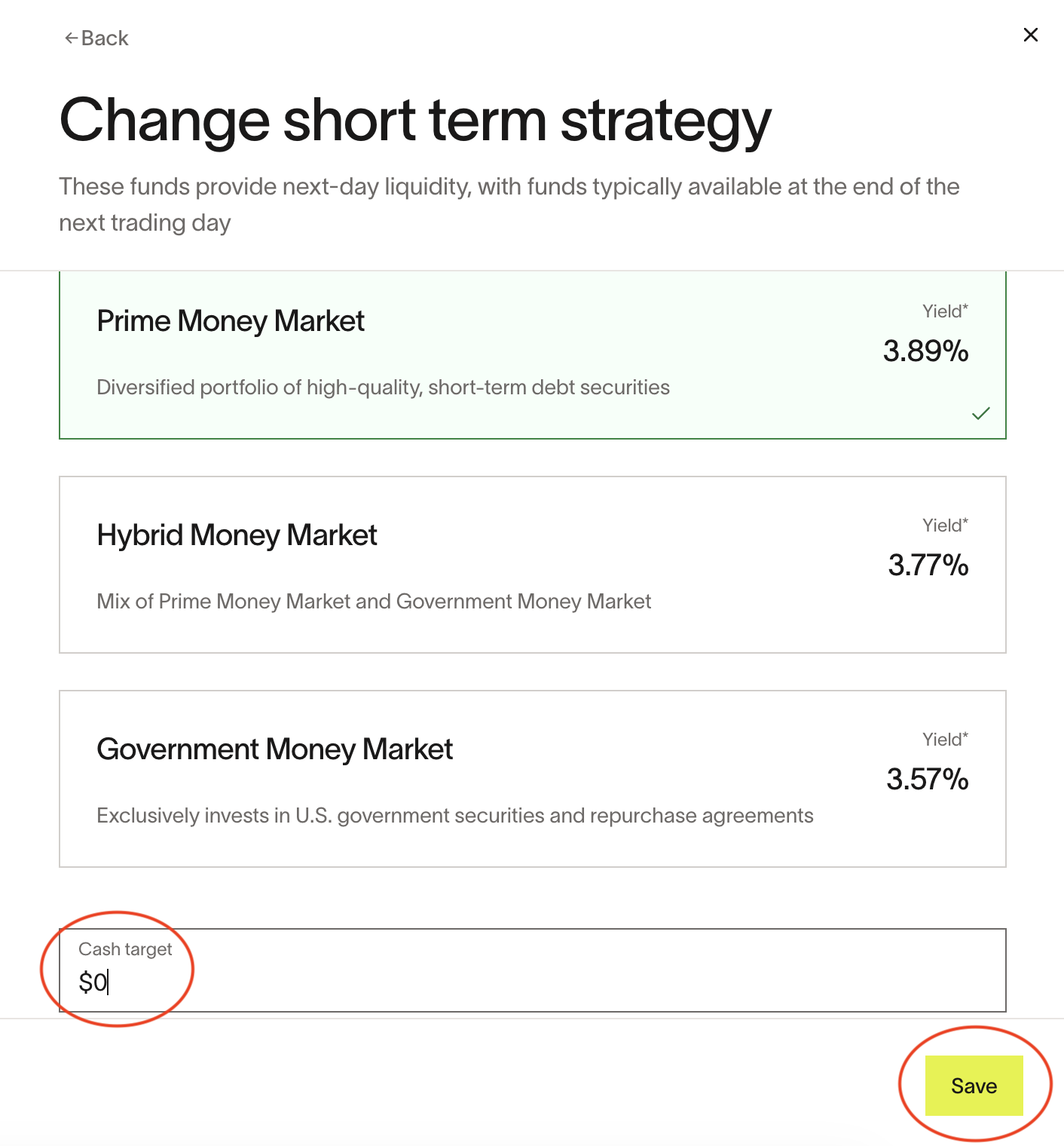 Change short term strategy page with fund options and cash target field
