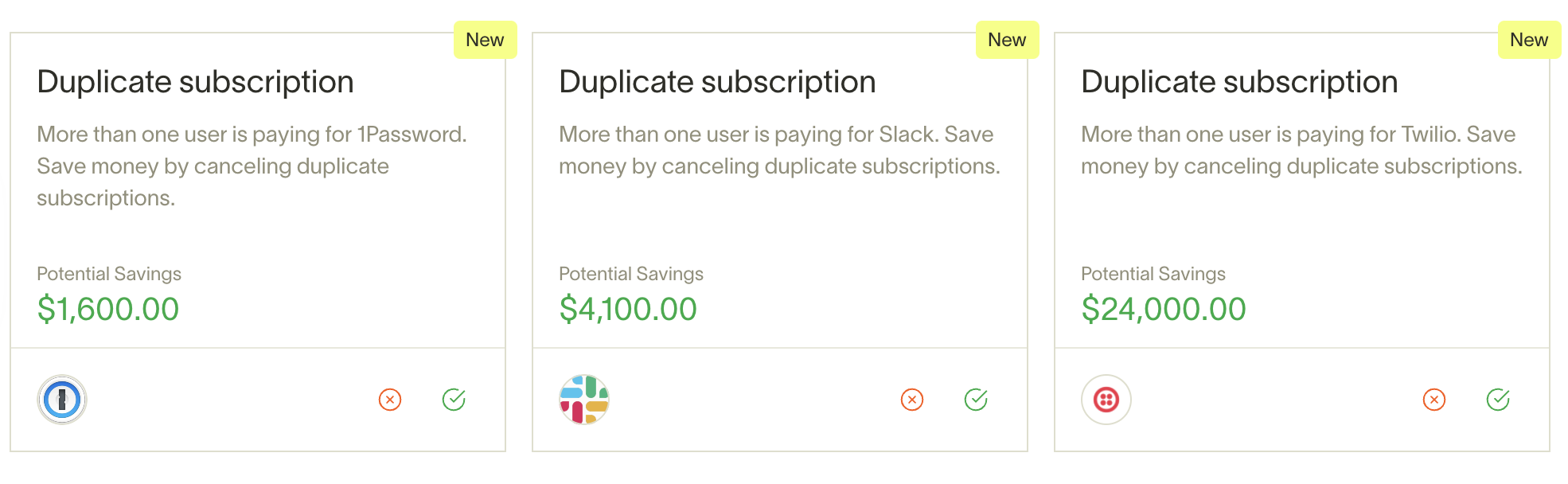Insights tab showing three alerts for duplicate subscriptions, detailing potential savings for Password, Slack, and Twilio.