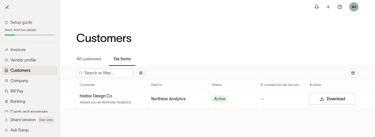Customers Tax forms tab showing the Download action
