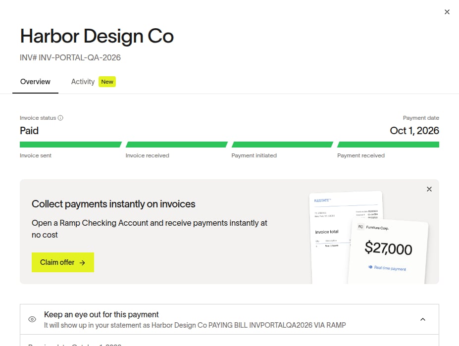 Vendor Portal bill detail page showing Paid status and the payment progress tracker