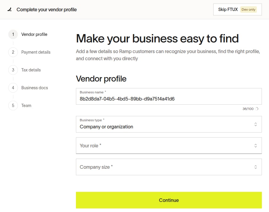 Vendor Portal setup guide showing steps for vendor profile, payment details, tax details, business documents, and team