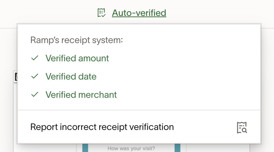 Auto-verified receipt details showing verified amount, date, and merchant, with an option to report incorrect verification.