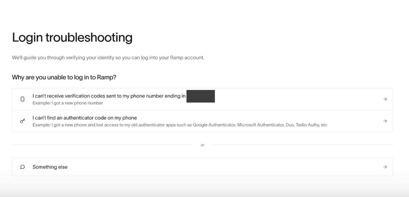 The recovery screen showing options for phone number or authenticator app issues