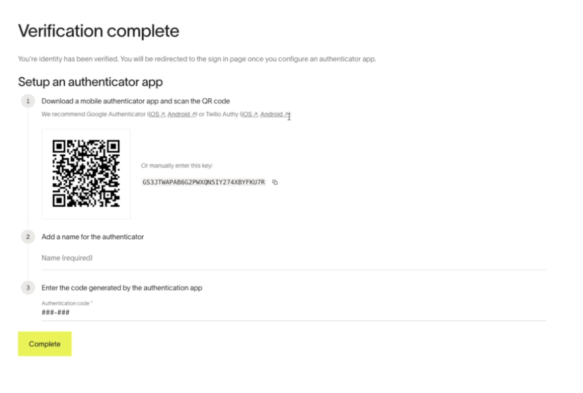 The setup screen for registering a new authenticator app after successful identity verification