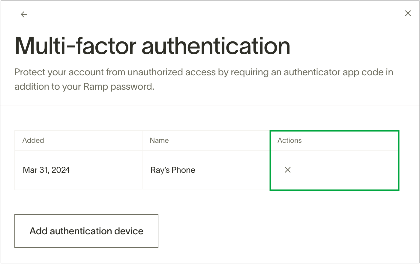 The multi-factor authentication configuration screen showing options to add or remove authenticator devices