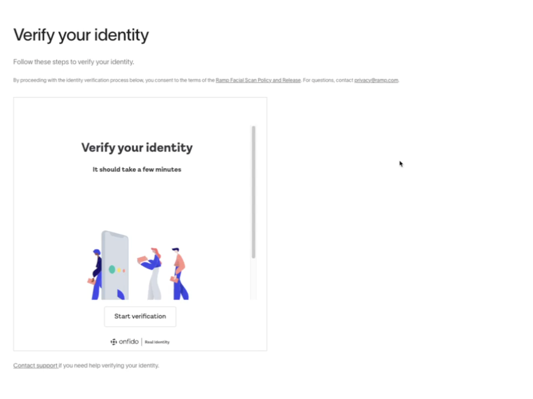 The Onfido identity verification start screen with a Start verification button