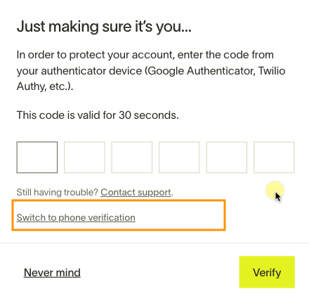 The MFA screen showing an option to fall back to phone verification when authenticator is unavailable