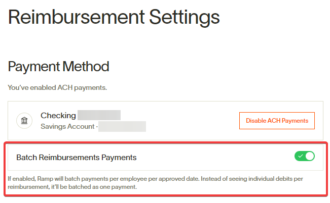 Reimbursement Settings page showing the option to batch reimbursement payments enabled for ACH payments.