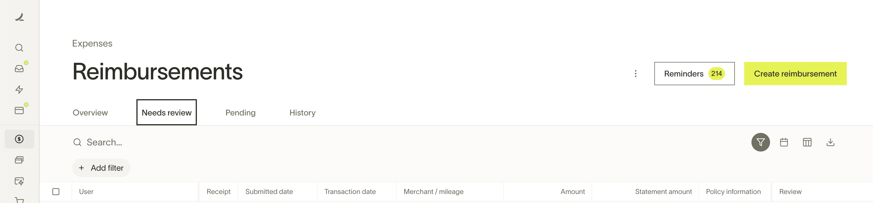 Reimbursements page showing