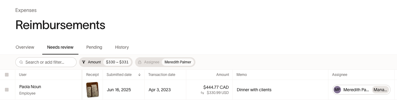 Reimbursements section showing entries needing review, including details on user, amounts, and assigned reviewer.