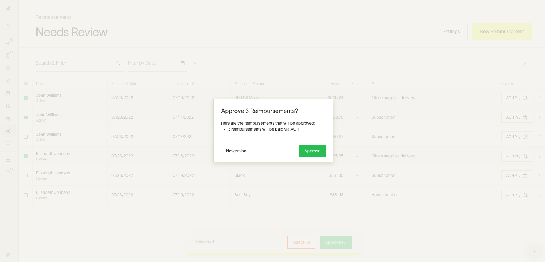 Needs Review page showing a pop-up to approve 3 reimbursement requests. Options to 'Approve' or 'Nevermind' are available.