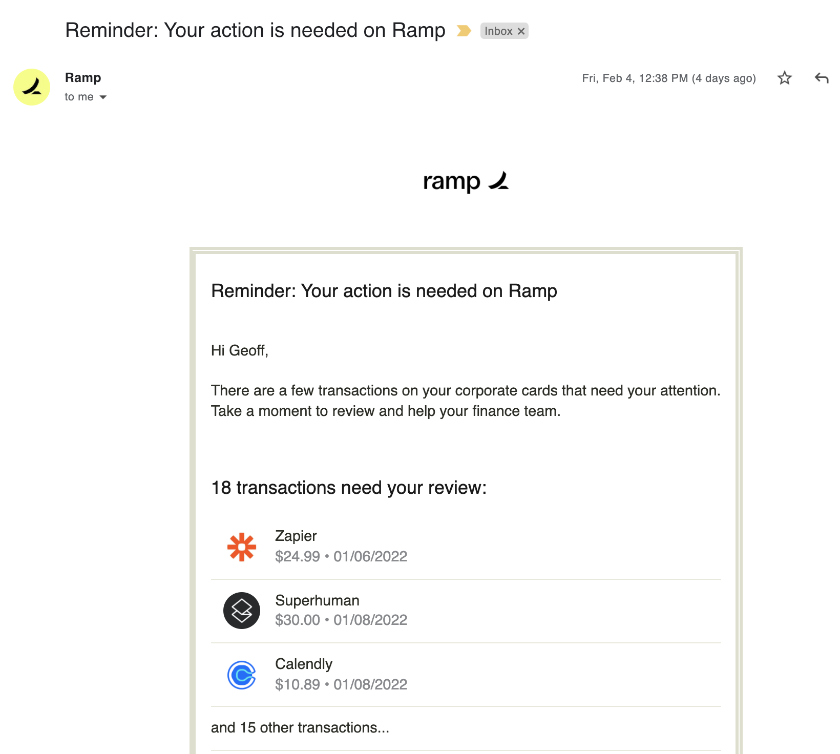 Email notification from Ramp highlighting 18 transactions needing review, addressed to Geoff, dated February 4.