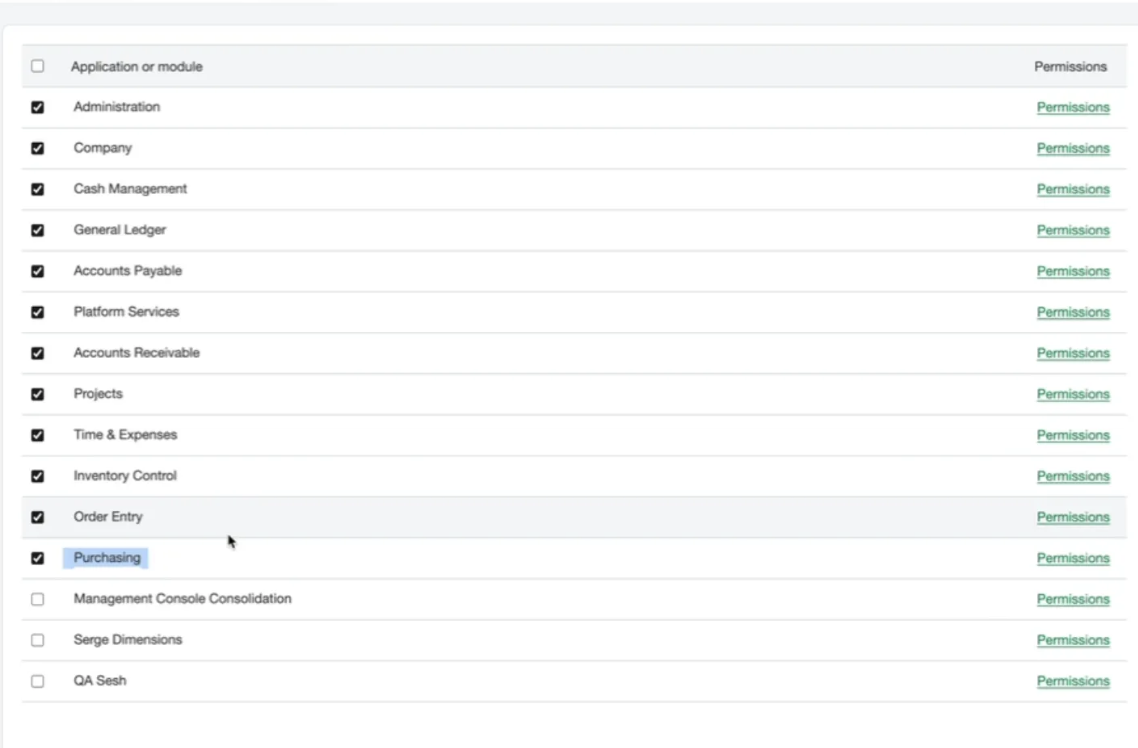 Purchasing module selected in permissions list for editing Ramp role settings.