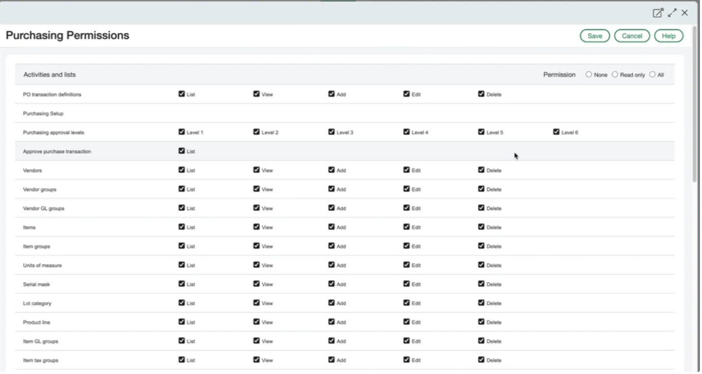 Purchasing Permissions section with checkboxes for activities and lists, including options for levels and actions.