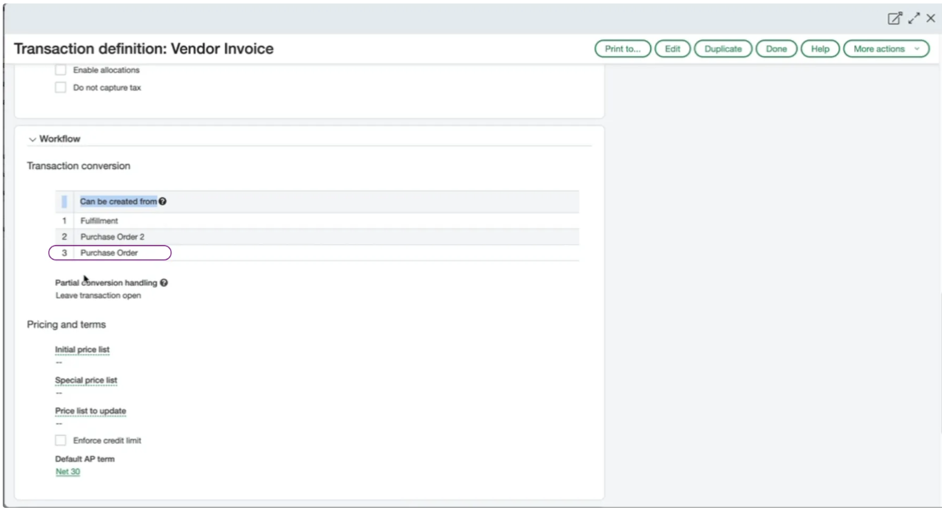 Transaction definition for Vendor Invoice showing workflow options and settings for Purchase Order and transaction handling.