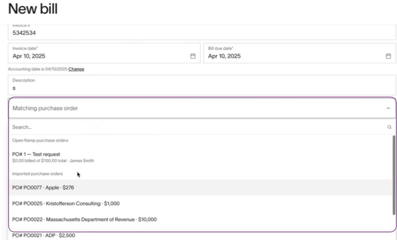 New bill page showing matching purchase orders with search functionality and a list of imported purchase orders.