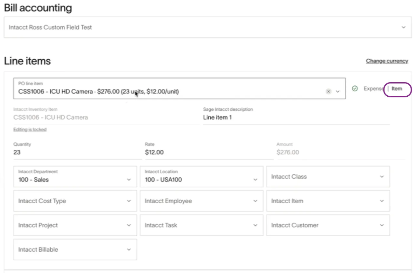Line items section showing detailed PO information including item description, quantity, and rates.