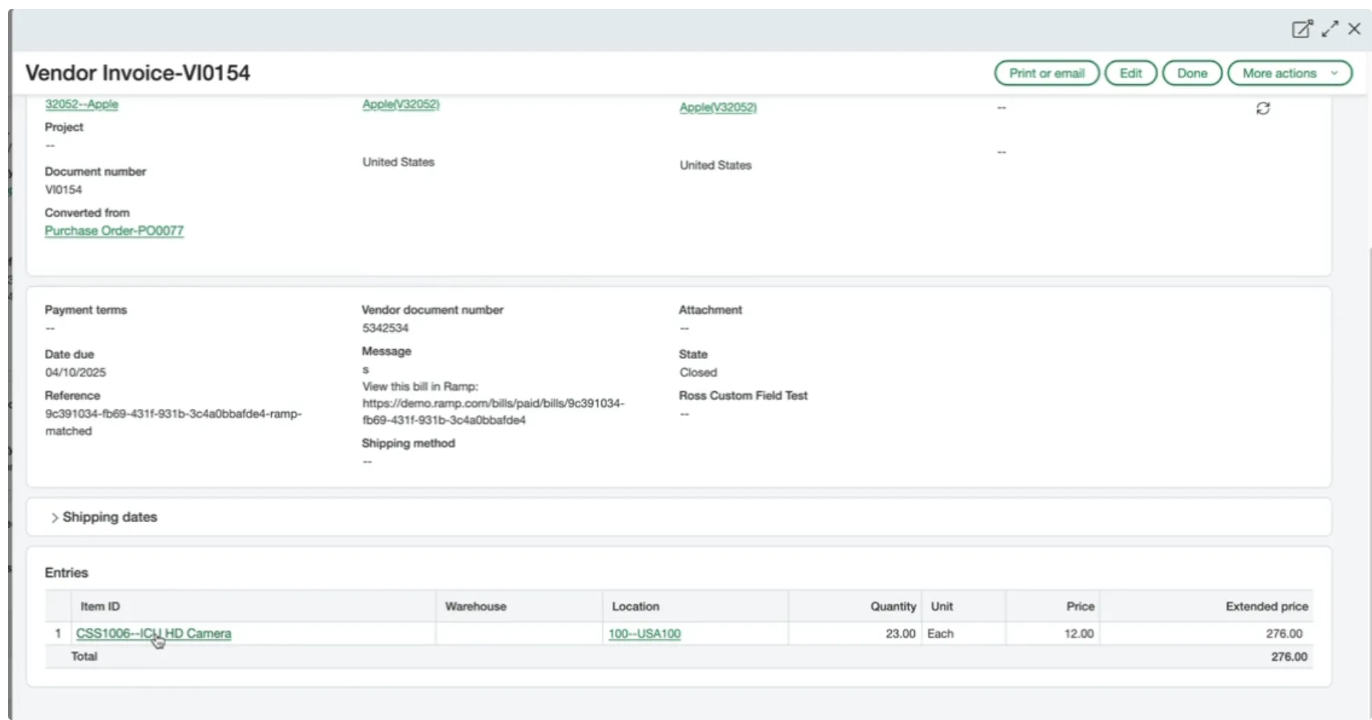 Vendor invoice details including payment terms, entries, and total amount displayed in the Bill Pay section.
