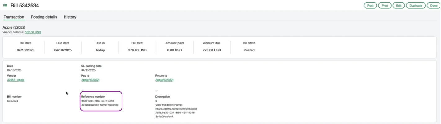 Billing details page showing transaction information, including reference number and vendor details related to a purchase ...
