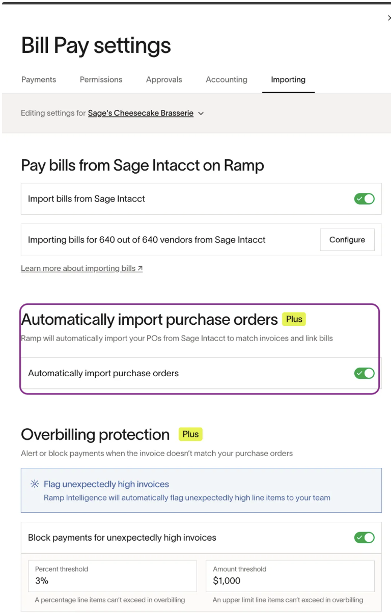 Bill Pay settings page showing options for importing purchase orders and configuring overbilling protection.