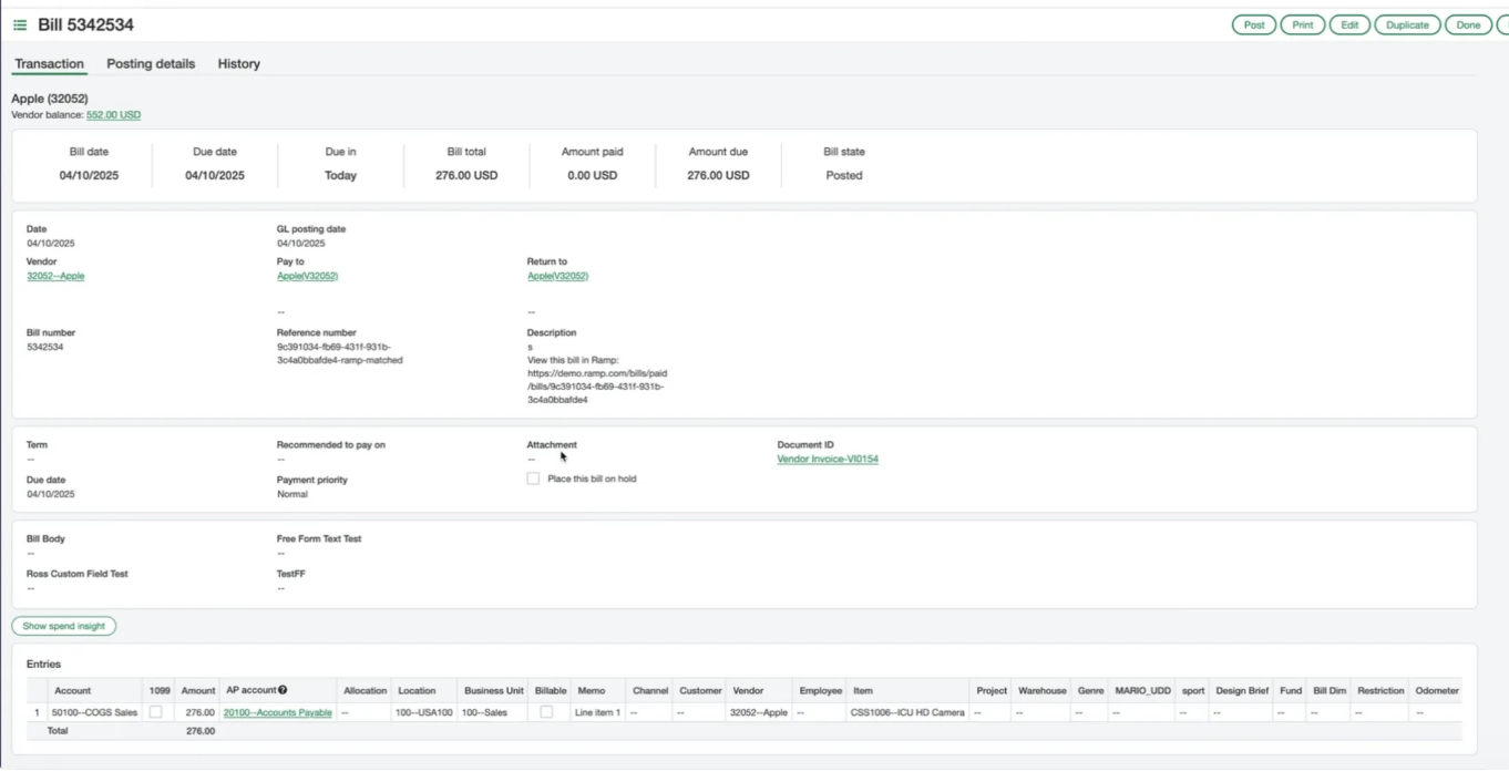 Bill details page showing transaction date, amount, payment status, and additional document information in Ramp.