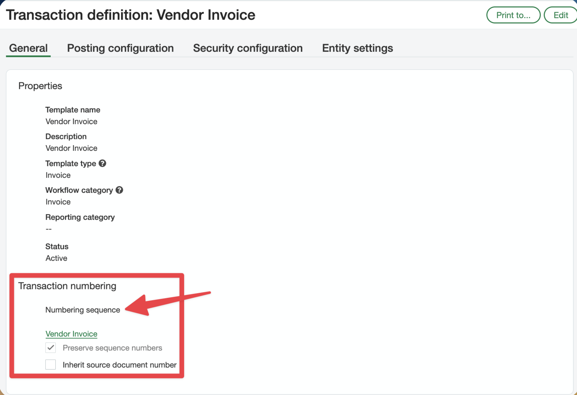General settings for Vendor Invoice transaction definition with numbering sequence options highlighted.