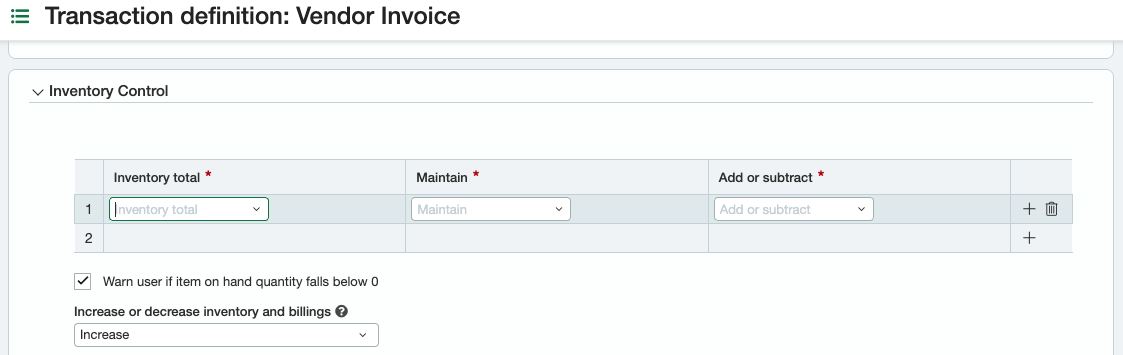 Vendor Invoice transaction definition with Inventory Control settings for total inventory adjustment.