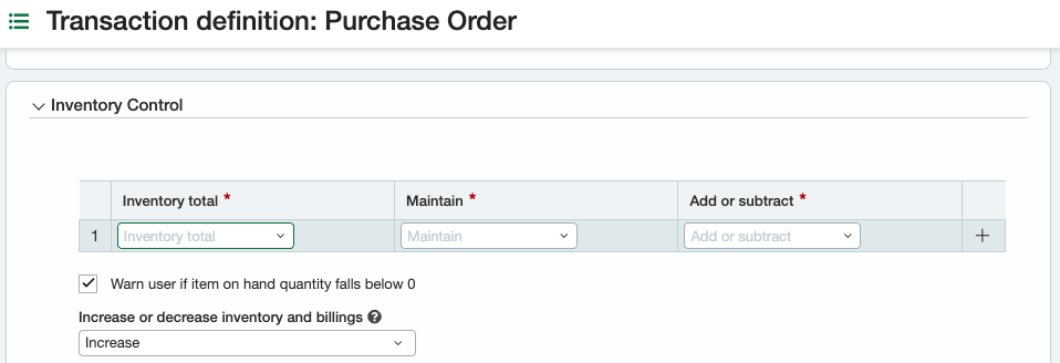 Transaction definition for Purchase Order showing Inventory Control settings, including options to maintain and adjust inv...