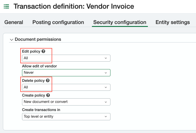 Vendor Invoice security configuration showing edit and delete policies with their respective settings.