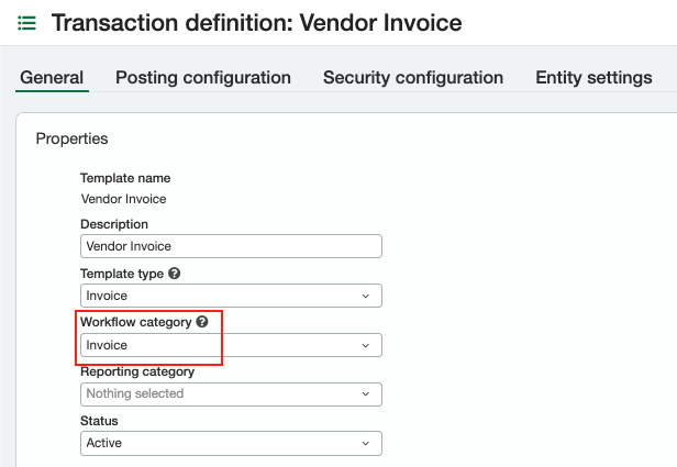 Vendor Invoice transaction definition in the General section, displaying properties like template name, workflow category,...