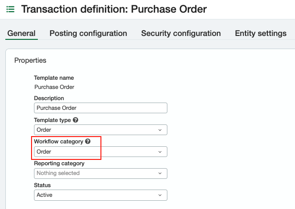 General settings for Purchase Order transaction definition, highlighting Workflow category as 'Order'.