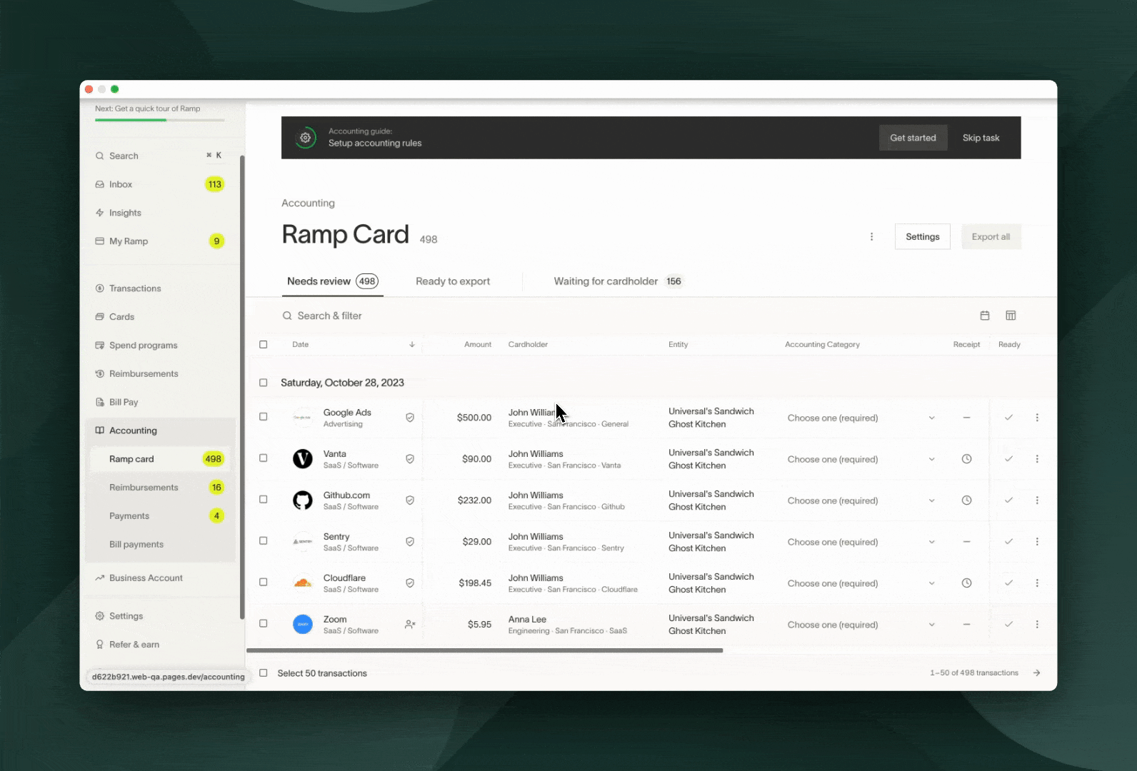 Accounting page showing Ramp Card details with filters, transactions list, and payment options for the selected account.