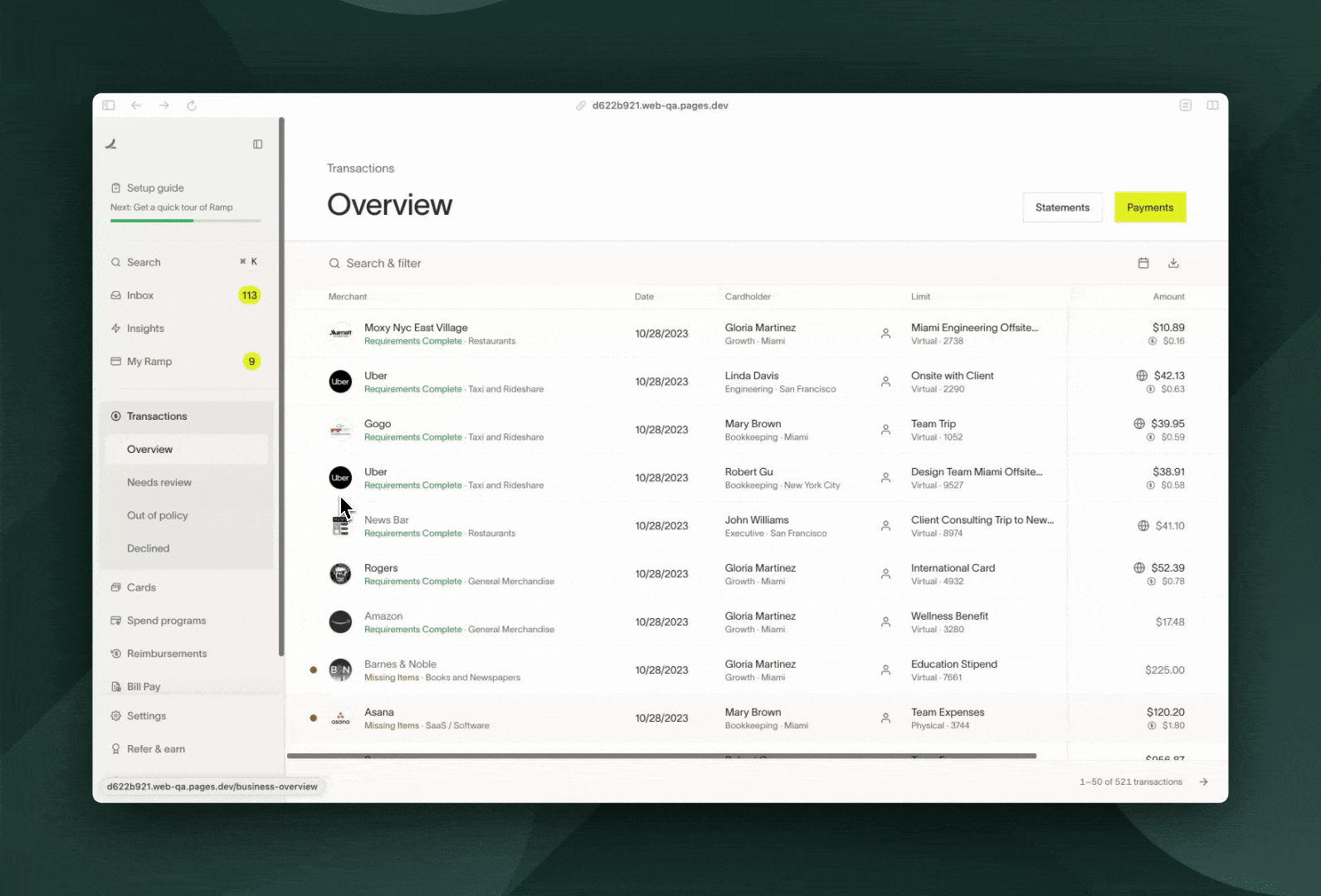 Overview page displaying a list of transactions with options to search and filter.