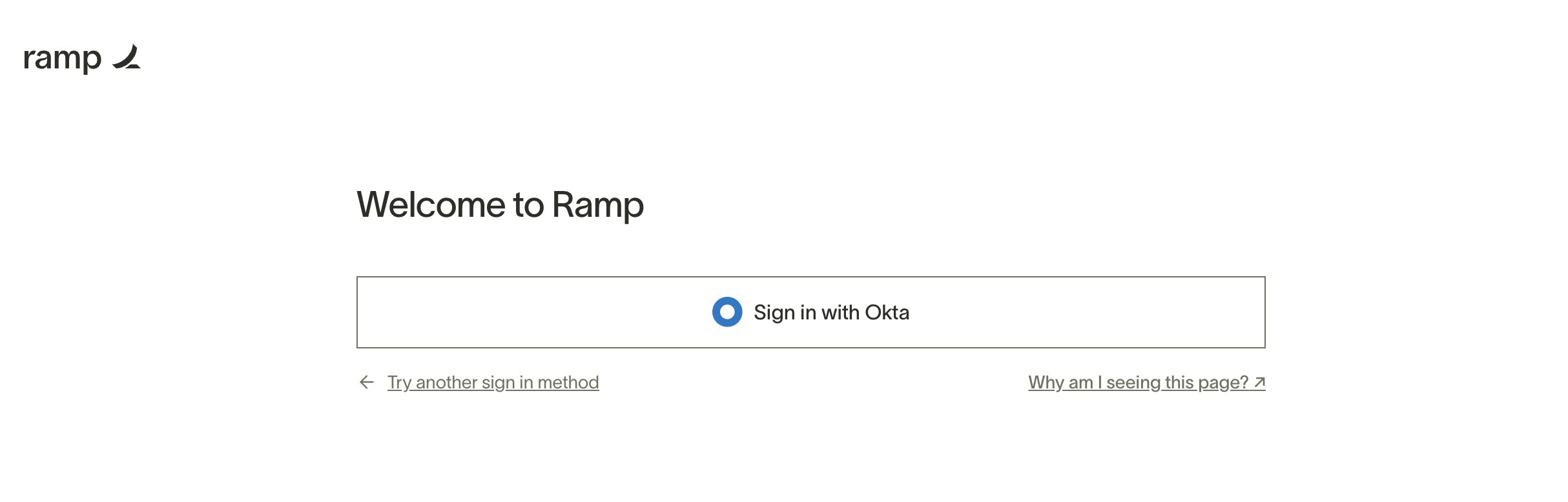 Sign-in page for Ramp with option to sign in using Okta.