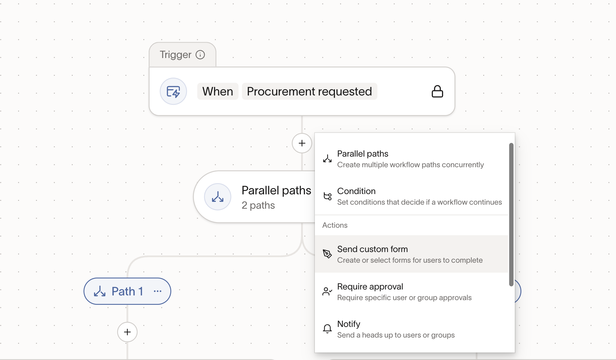 Displays workflow configuration in automation, showing options for parallel paths, conditions, and actions.