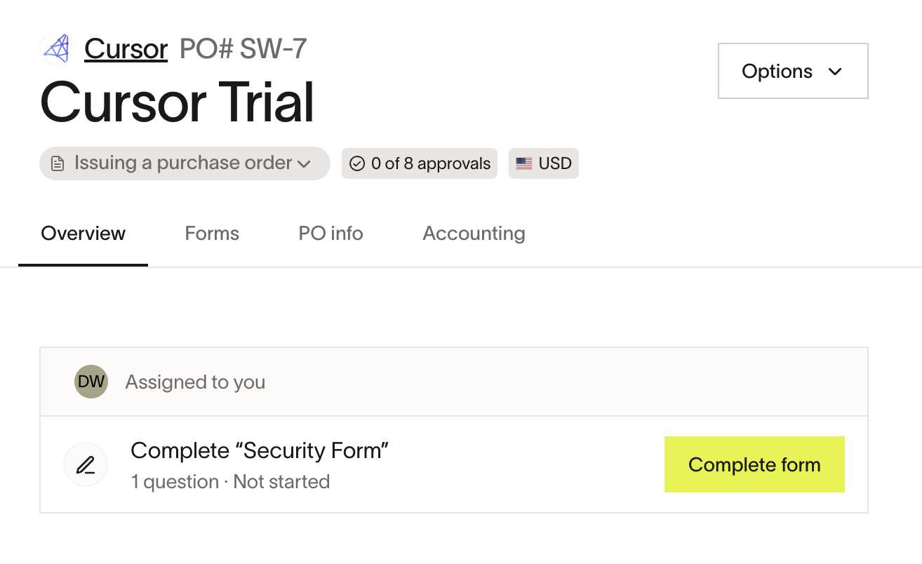 Cursor Trial overview showing a pending task for completing the