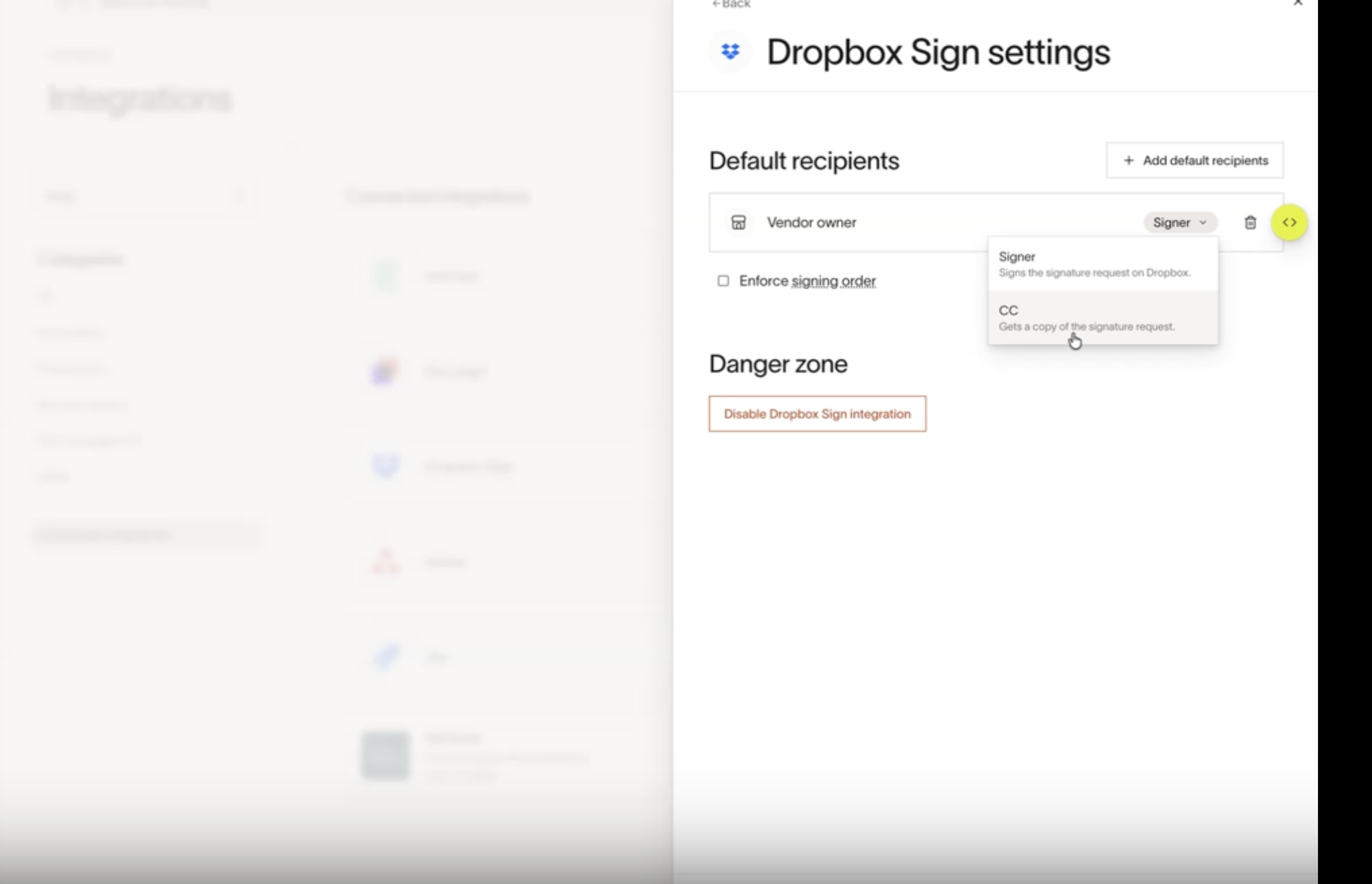 Dropbox Sign settings page showing default recipients configuration options and the danger zone section.