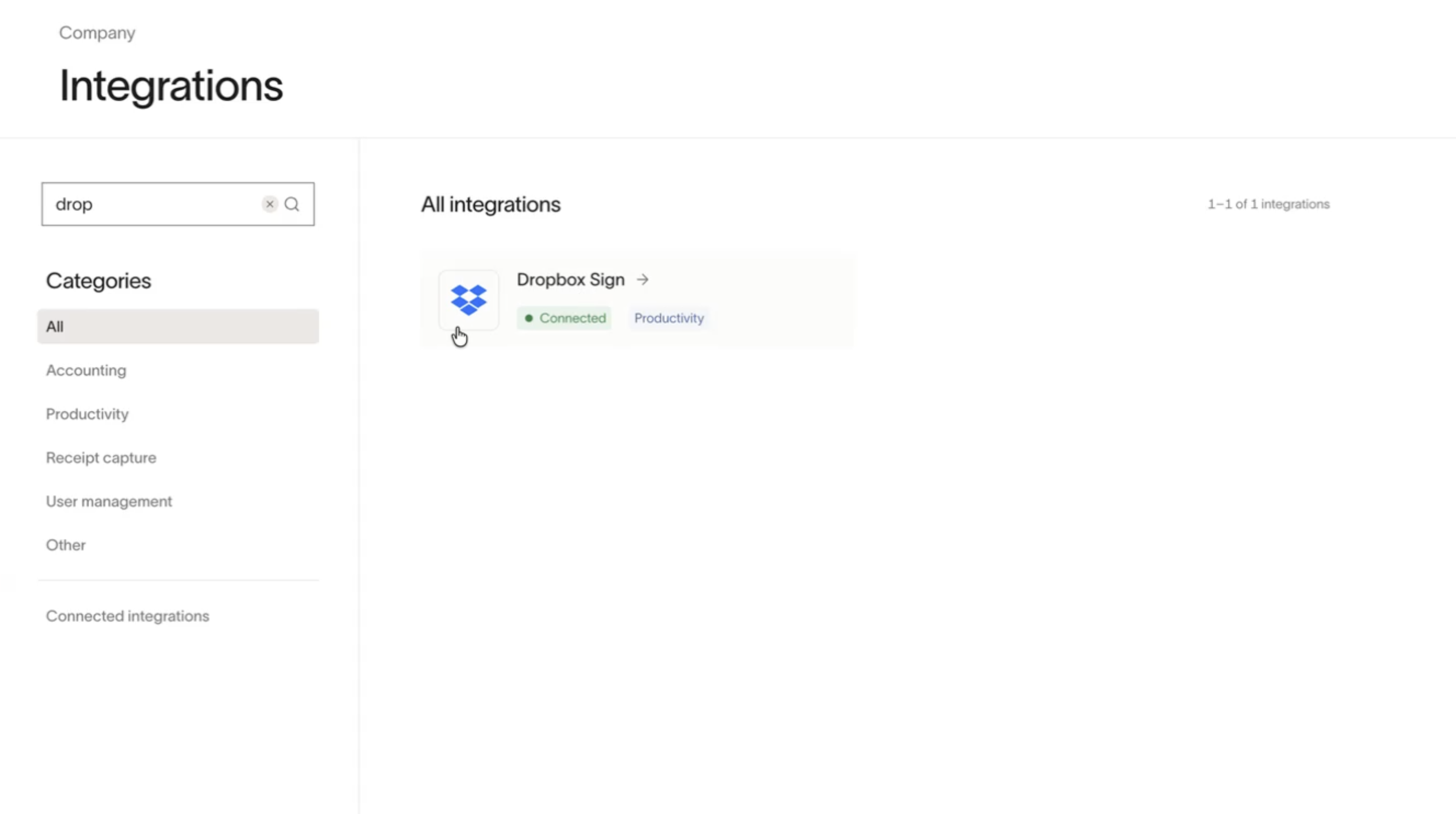Displays the Integrations page showing Dropbox Sign marked as