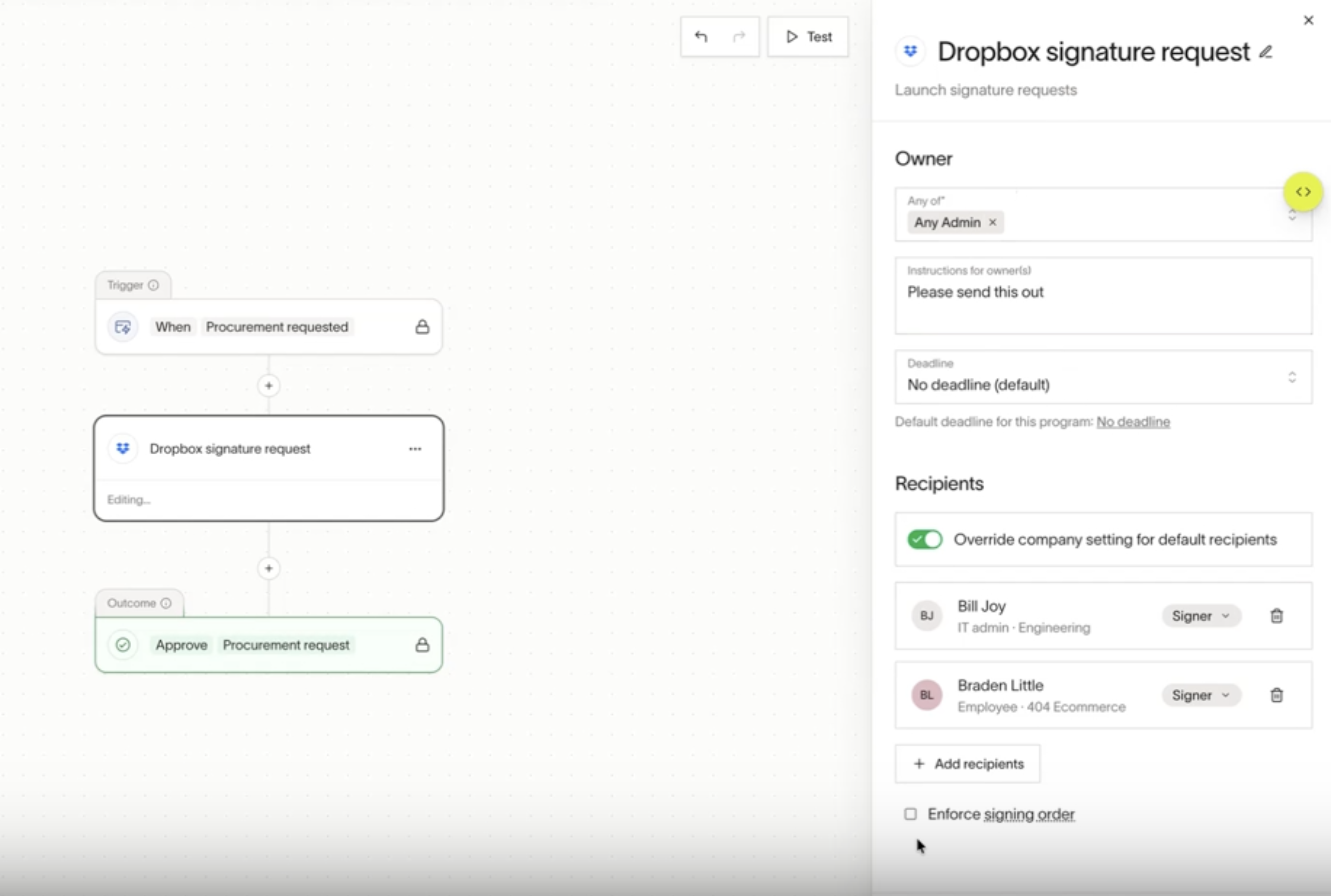 Dropbox signature request node in workflow, showing owners and recipients with options to add signers and enforce signing ...