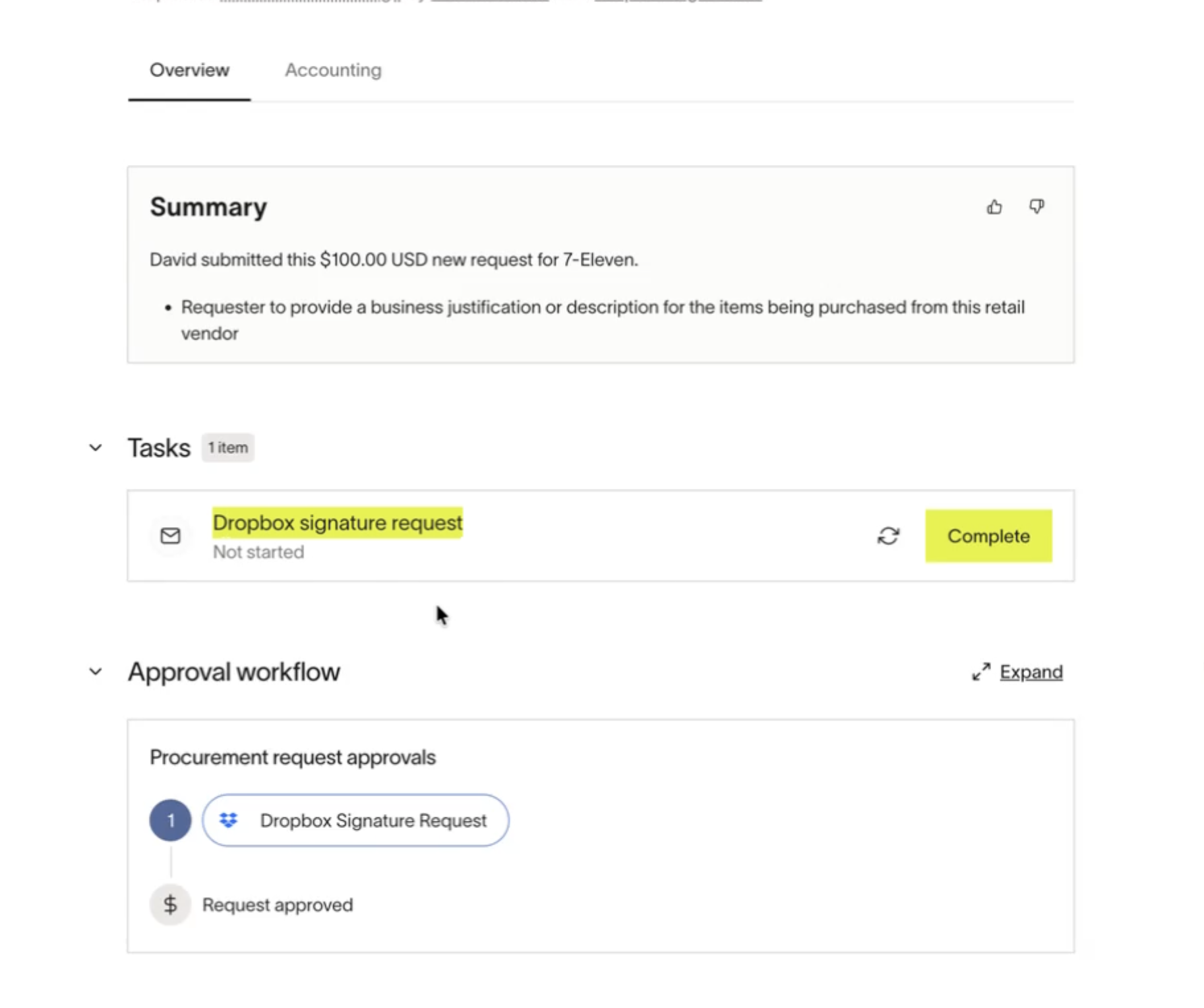 Overview page showing a procurement request summary with a completed Dropbox signature request task.