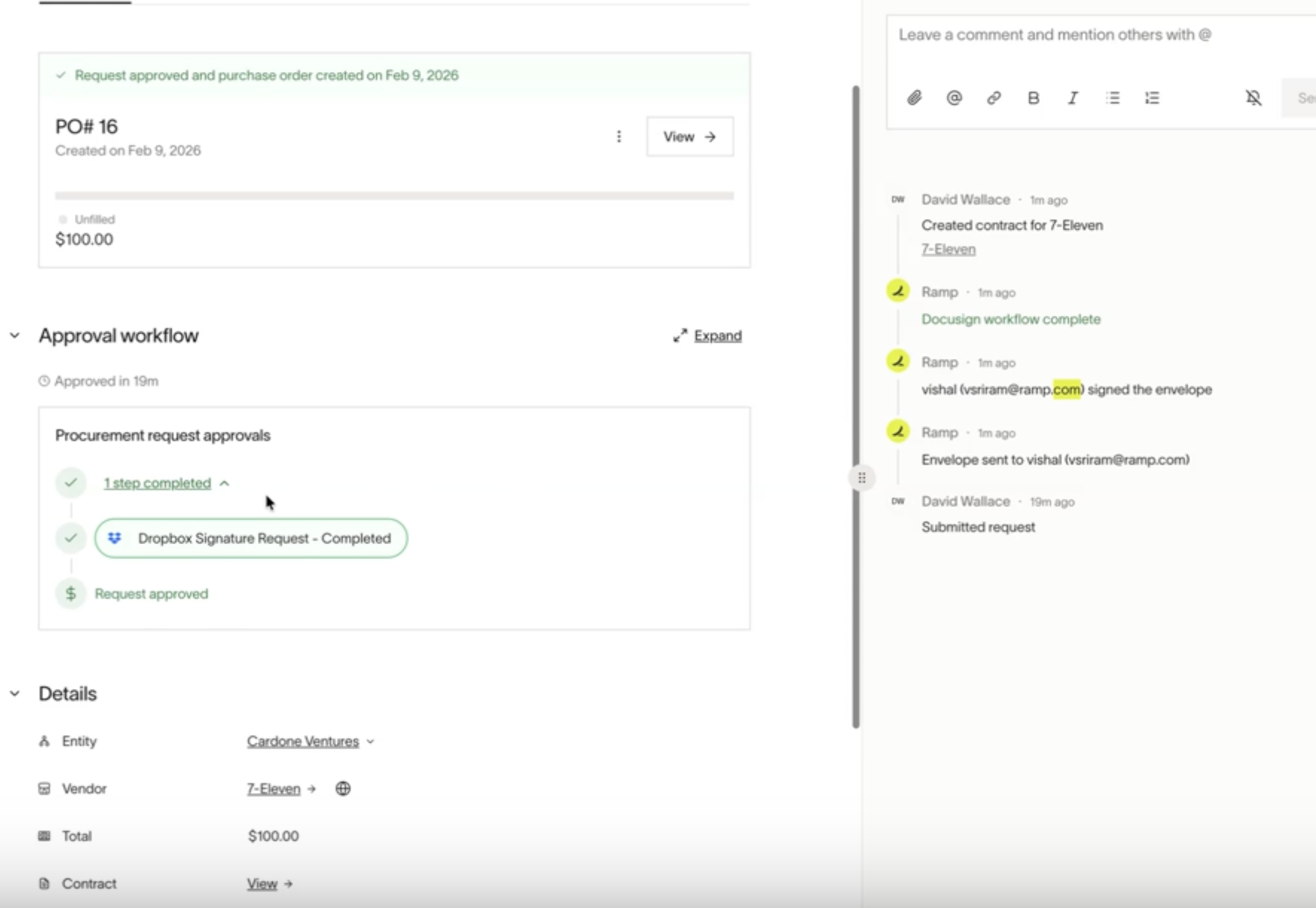 Approval workflow shows completed procurement request and signature status in the activity feed.