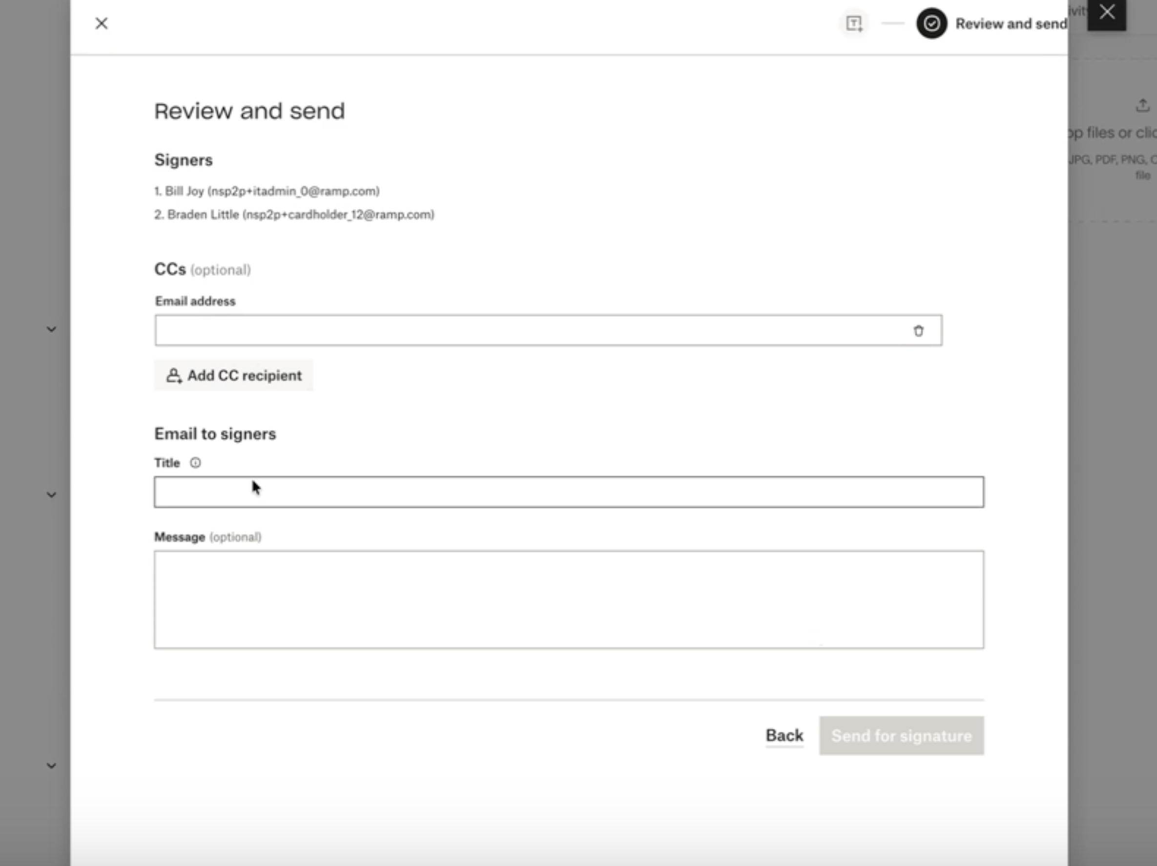 Review and send page in Dropbox with signers' email fields and message options.