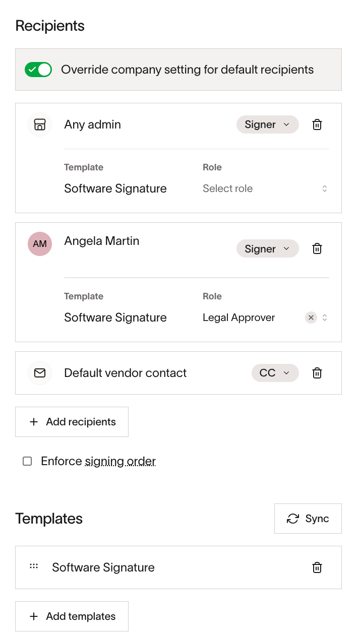 DocuSign recipients with a Ramp recipient assigned to the Legal Approver signer role for the Software Signature template