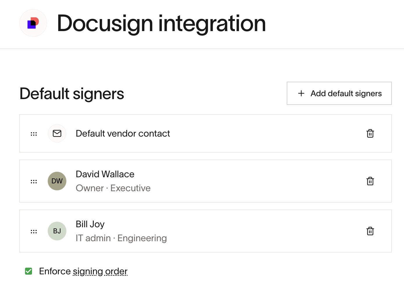 Docusign integration settings showing default signers list and signing order option