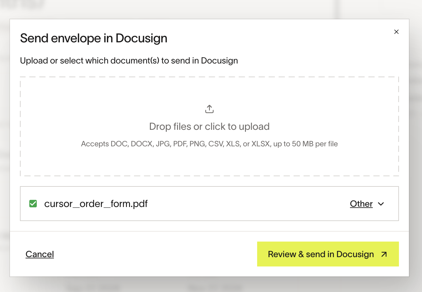 Send envelope in Docusign dialog with file upload area and Review and send button