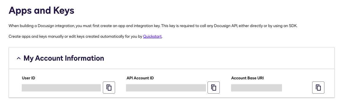 Docusign Apps and Keys page showing User ID, API Account ID, and Account Base URI
